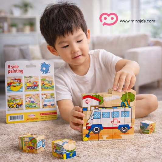 6 Side Painting Wooden Puzzle – Vehicle & Animal Cube Puzzle Toy (2+ Years)
