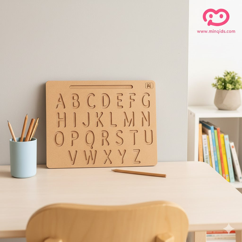 Tracing Board For Hand Writing skill |4-in-2 (ABCD, abcd, Numbers & Shapes) | Premium Wooden Material