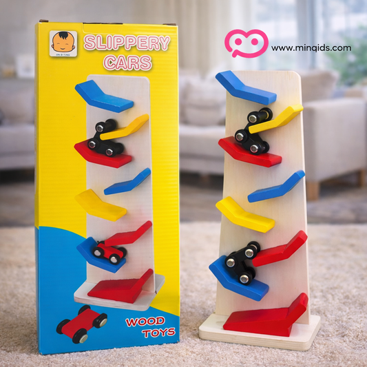 Car Ramp Set – Slippery Sliding Wooden Cars with 8 Race Tracks & 3 Cars