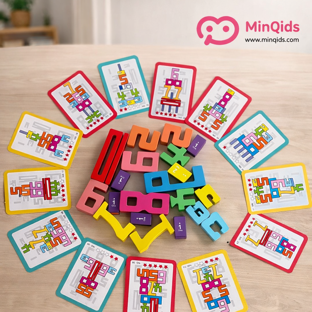 Building Number Block Set – 20-Piece Premium Wooden Stacking Puzzle with Challenge Cards