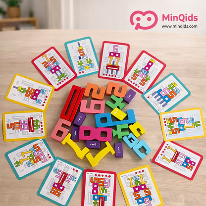 Building Number Block Set – 20-Piece Premium Wooden Stacking Puzzle with Challenge Cards