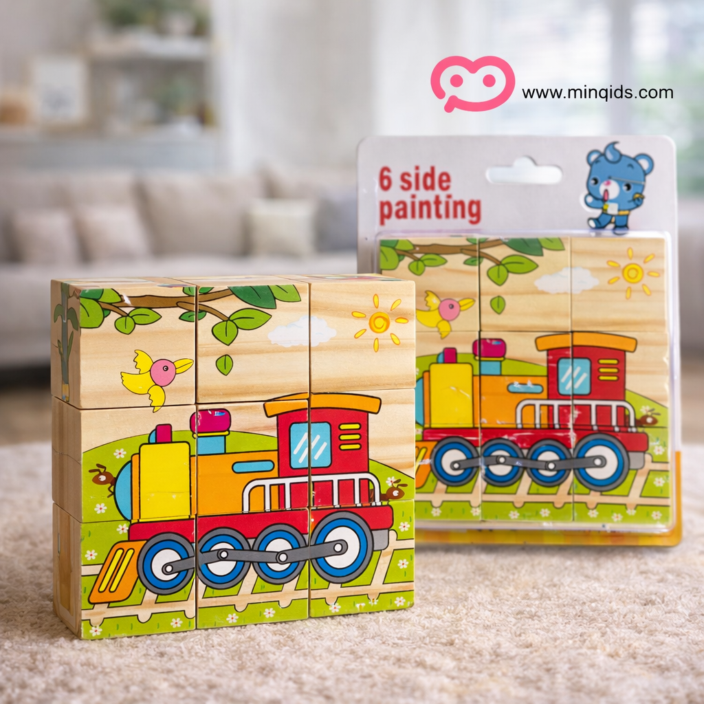 6 Side Painting Wooden Puzzle – Vehicle & Animal Cube Puzzle Toy (2+ Years)