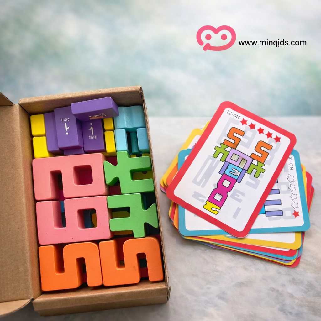 Building Number Block Set – 20-Piece Premium Wooden Stacking Puzzle with Challenge Cards