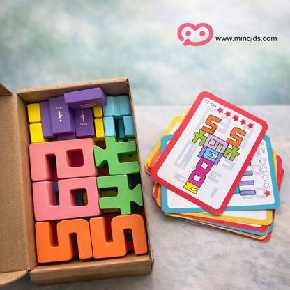 Building Number Block Set – 20-Piece Premium Wooden Stacking Puzzle with Challenge Cards
