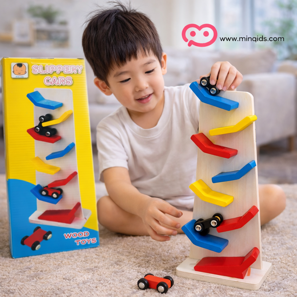 Car Ramp Set – Slippery Sliding Wooden Cars with 8 Race Tracks & 3 Cars
