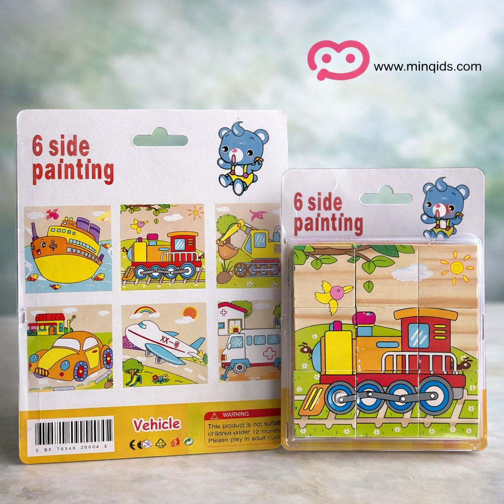 6 Side Painting Wooden Puzzle – Vehicle & Animal Cube Puzzle Toy (2+ Years)