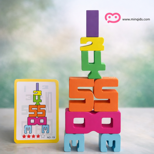 Building Number Block Set – 20-Piece Premium Wooden Stacking Puzzle with Challenge Cards