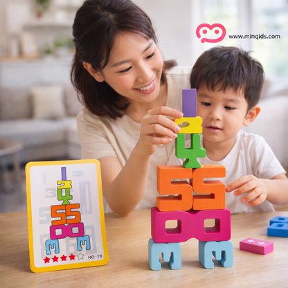 Building Number Block Set – 20-Piece Premium Wooden Stacking Puzzle with Challenge Cards