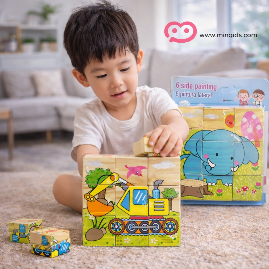 6 Side Painting Wooden Puzzle – Vehicle & Animal Cube Puzzle Toy (2+ Years)