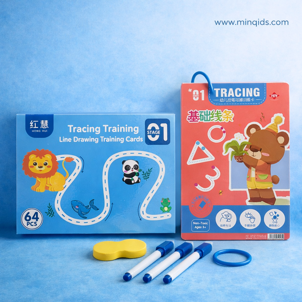Pen Control Practice Book for Kids | Reusable Tracing Training Cards (64 PCS) with Marker Pens | Early Writing & Handwriting Skills Kit