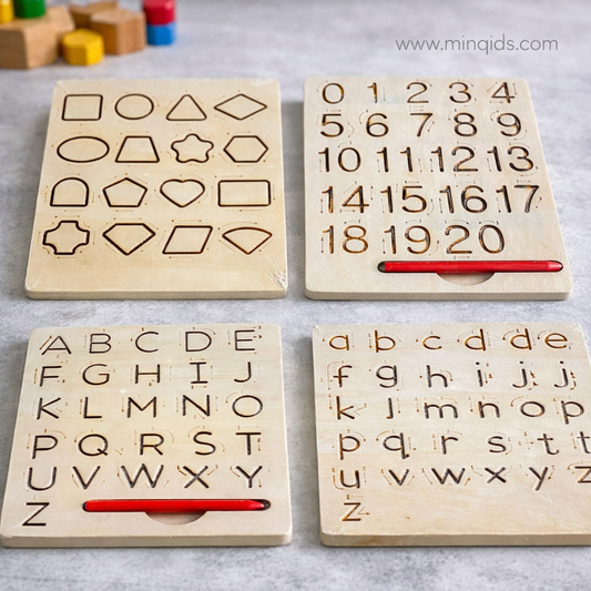 Tracing Board For Hand Writing skill |4-in-2 (ABCD, abcd, Numbers & Shapes) | Premium Wooden Material