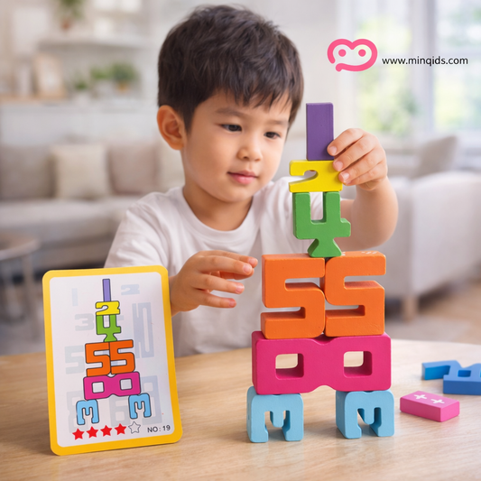 Building Number Block Set – 20-Piece Premium Wooden Stacking Puzzle with Challenge Cards