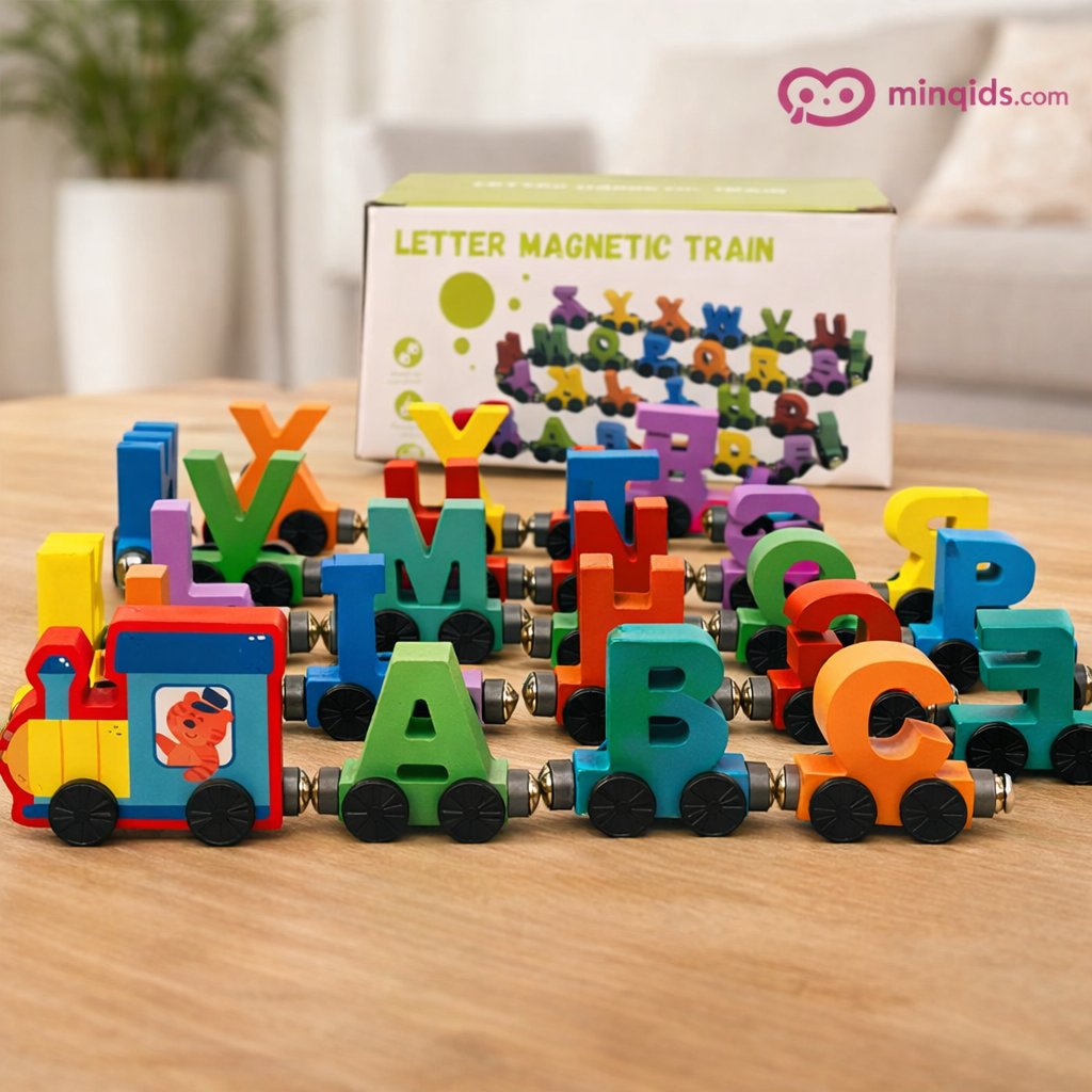 Alphabet Letter Train Magnetic – 27 Piece Colorful Wooden Educational Toy for Toddlers
