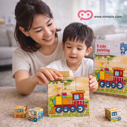 6 Side Painting Wooden Puzzle – Vehicle & Animal Cube Puzzle Toy (2+ Years)