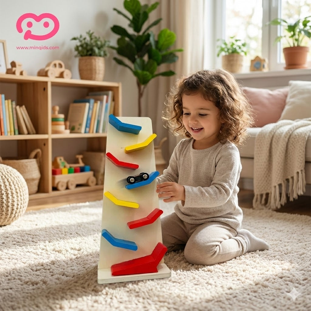 Car Ramp Set – Slippery Sliding Wooden Cars with 8 Race Tracks & 3 Cars