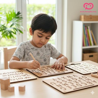Tracing Board For Hand Writing skill |4-in-2 (ABCD, abcd, Numbers & Shapes) | Premium Wooden Material