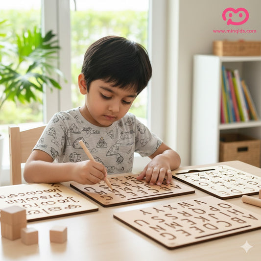 Tracing Board For Hand Writing skill |4-in-2 (ABCD, abcd, Numbers & Shapes) | Premium Wooden Material