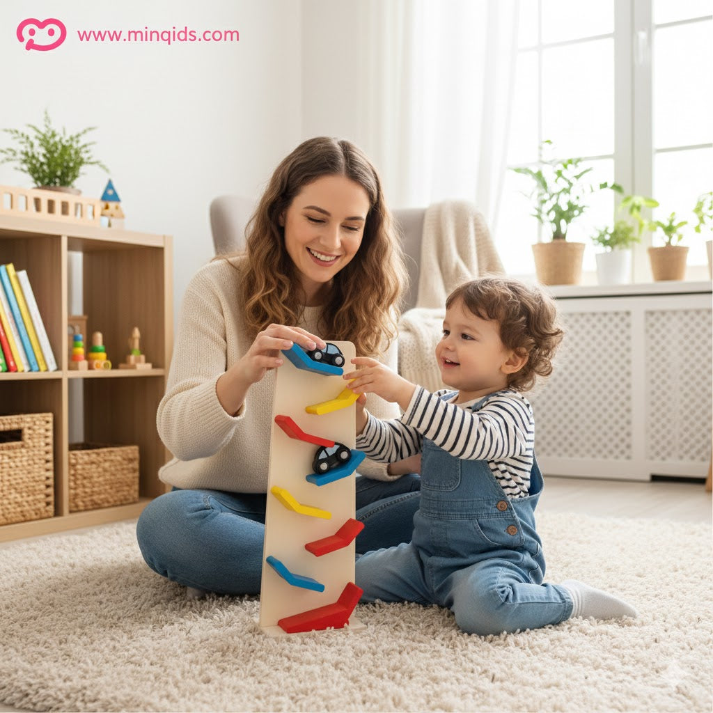 Car Ramp Set – Slippery Sliding Wooden Cars with 8 Race Tracks & 3 Cars