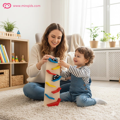 Car Ramp Set – Slippery Sliding Wooden Cars with 8 Race Tracks & 3 Cars