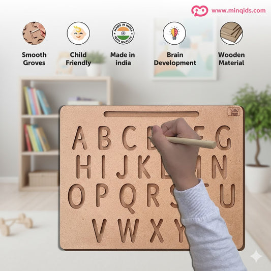 Tracing Board For Hand Writing skill |4-in-2 (ABCD, abcd, Numbers & Shapes) | Premium Wooden Material